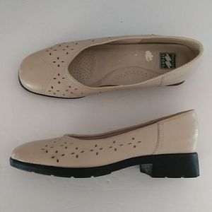 Natural Sport Leather Laser Cut Slip On Chunky Heel Shoe 6 Natural Beige Tan